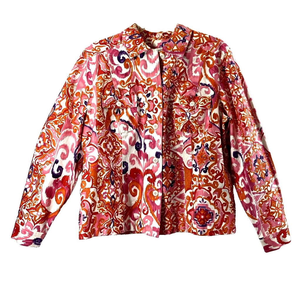 Coldwater Creek Jacket Womenβ L Pink Orange Ikat Damask Stretch Artsy Boho Coat